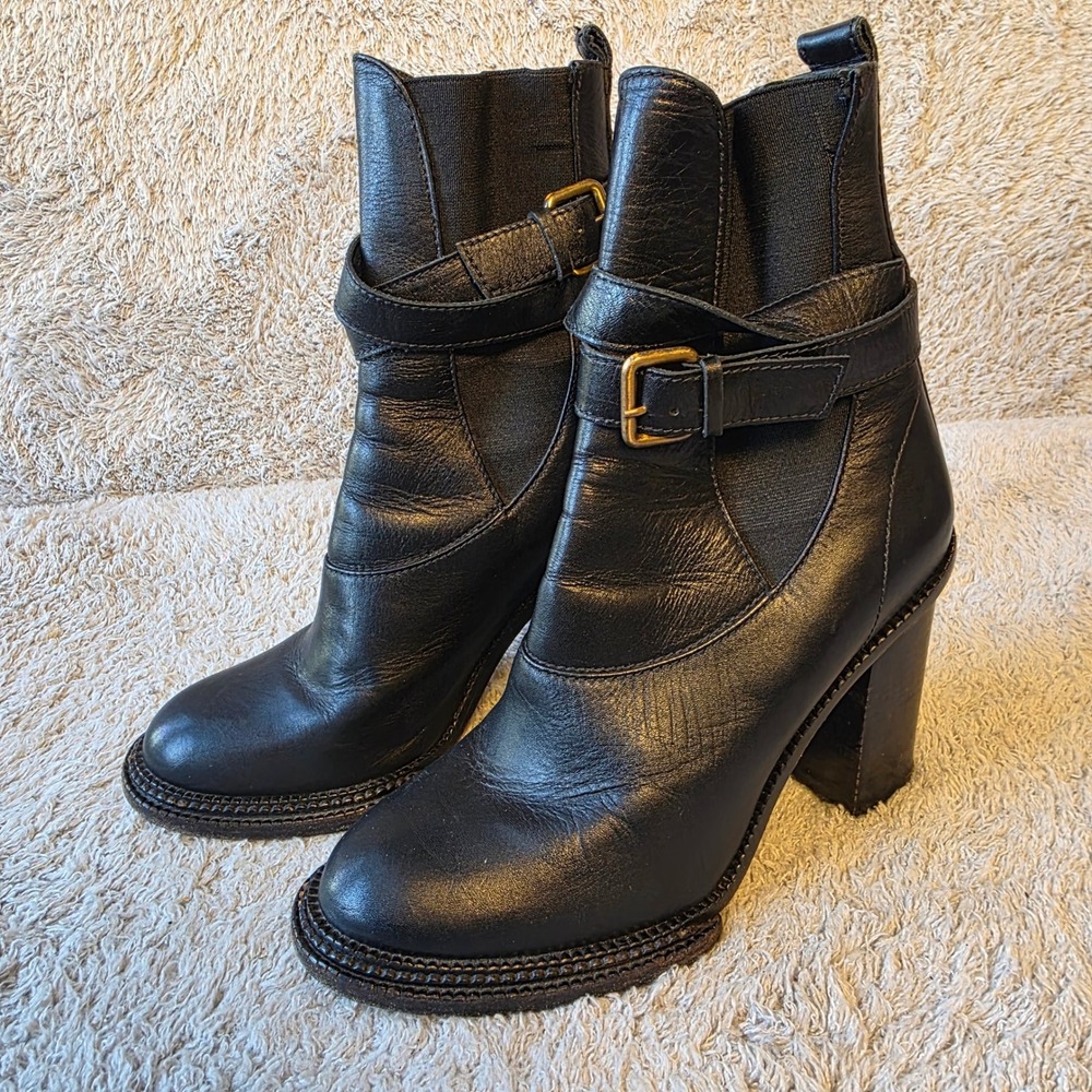 Derek Lam Black Leather High Ankle Boots Buckles Heeled Western Booties WU 37.5